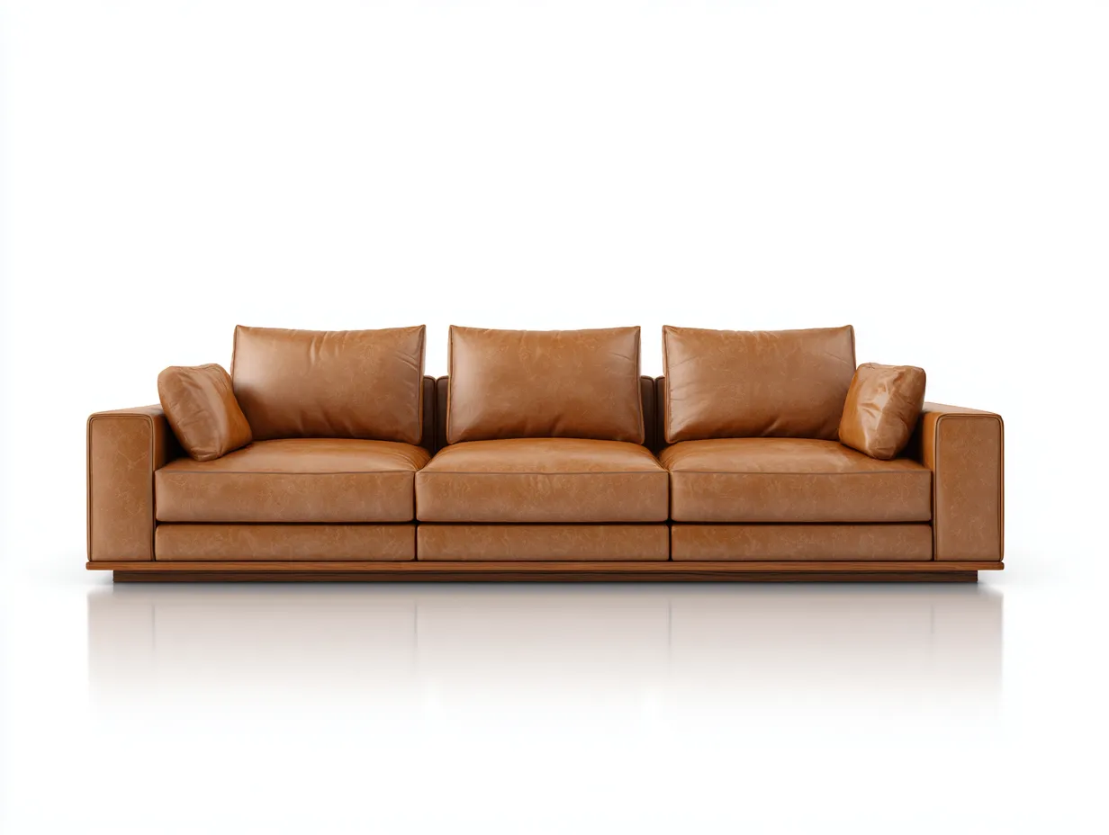 Sofá de tres plazas 246x96x76 cm - piel sintética camel para salón - base baja de madera y brazos rectos-Oakgoly