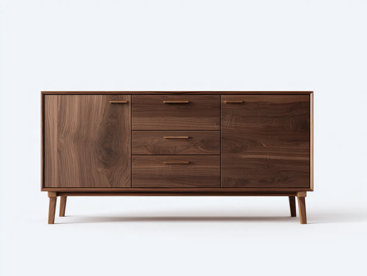 Aparador 160x42x78 cm - nogal - madera con 2 puertas y 3 cajones - estilo nórdico para comedor-Oakgoly