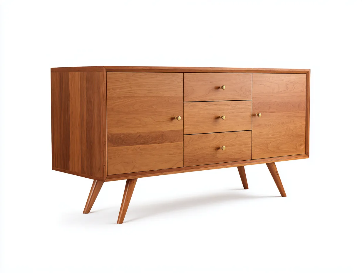 Aparador 158x42x80 cm - teca y marrón cálido - madera con 2 puertas y 3 cajones - diseño retro para comedor-Oakgoly