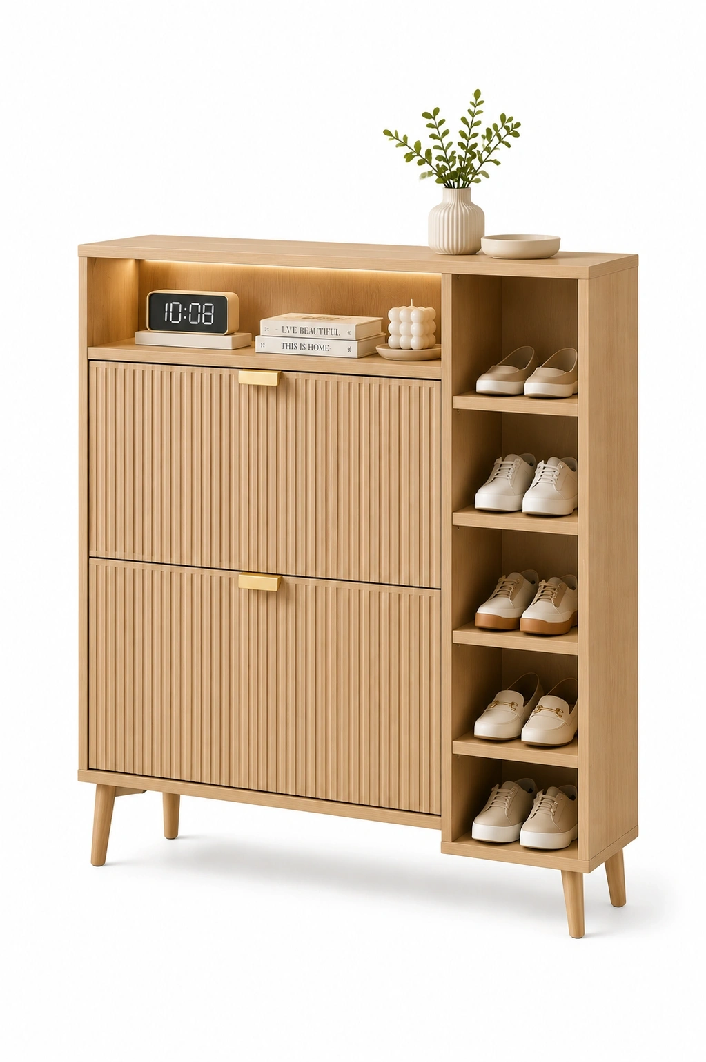 Zapatero con tres niveles abatibles (blanco y madera)-ardenlivo