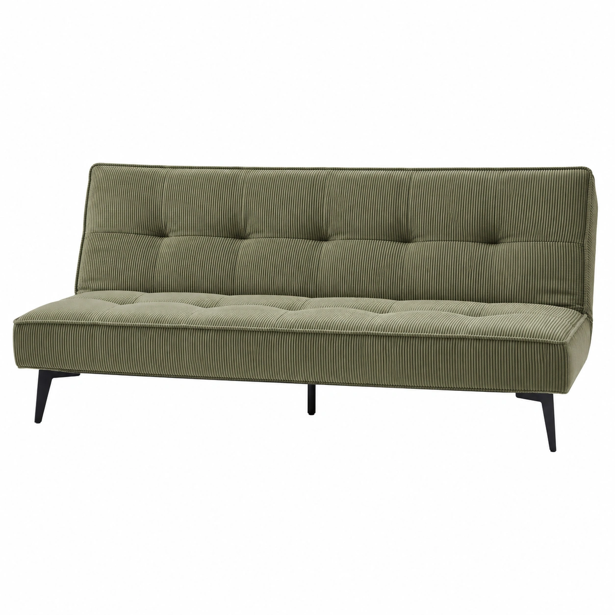 Sofa cama plegable de pana verde oliva con respaldo acolchado y patas metalicas-meubariox