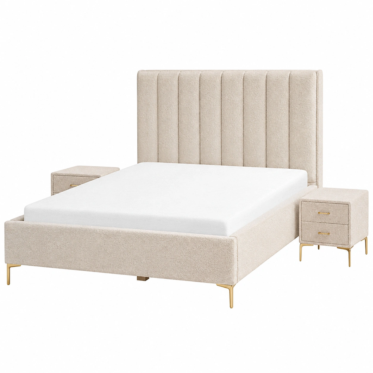 Cama tapizada moderna con cabecero vertical y mesas de noche integradas para dormitorio elegante color beige claro-meubariox