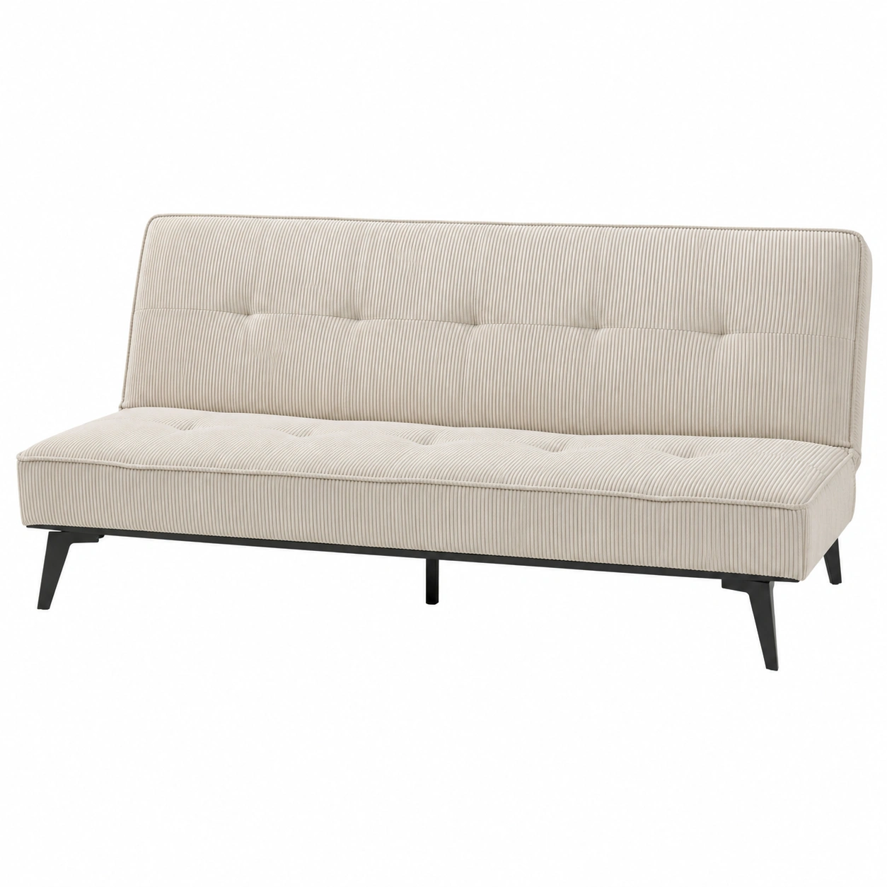 Sofa cama minimalista tapizado de pana beige claro con patas metalicas negras para sala moderna y apartamento pequeno-meubariox
