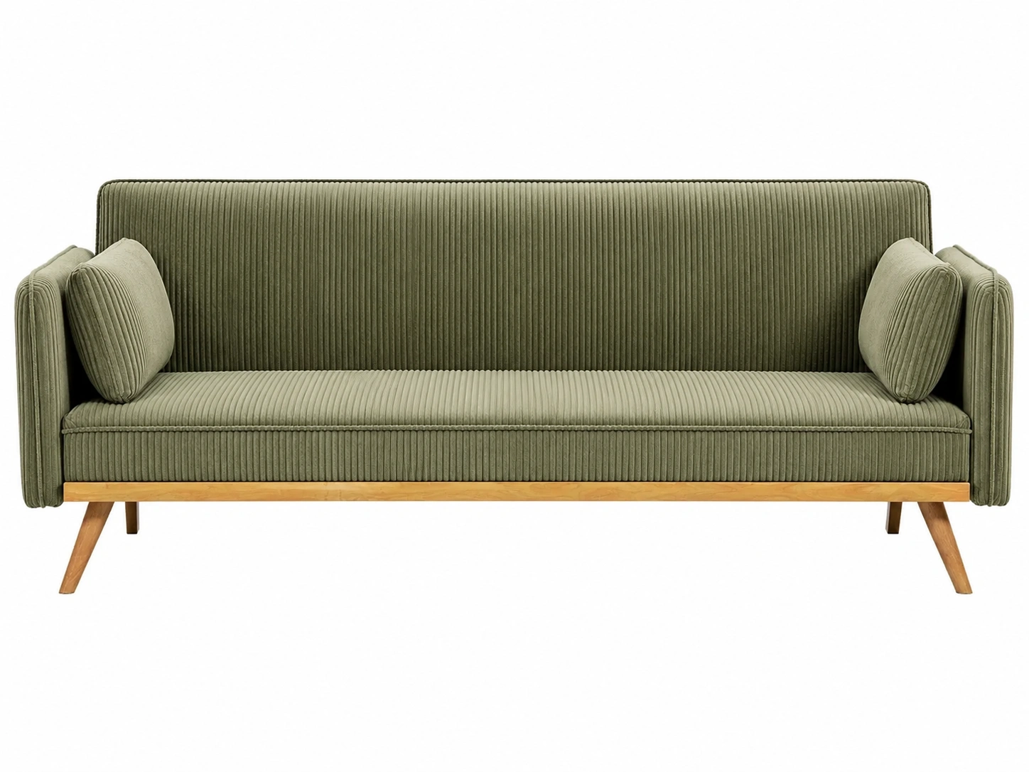 Sofa moderno tapizado de pana verde oliva con cojines laterales y base de madera natural para sala contemporanea-meubariox