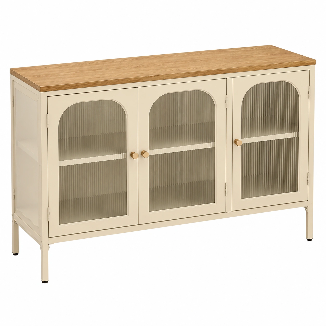 Aparador metalico moderno color beige con puertas arqueadas de vidrio acanalado y tablero efecto madera para comedor-meubariox