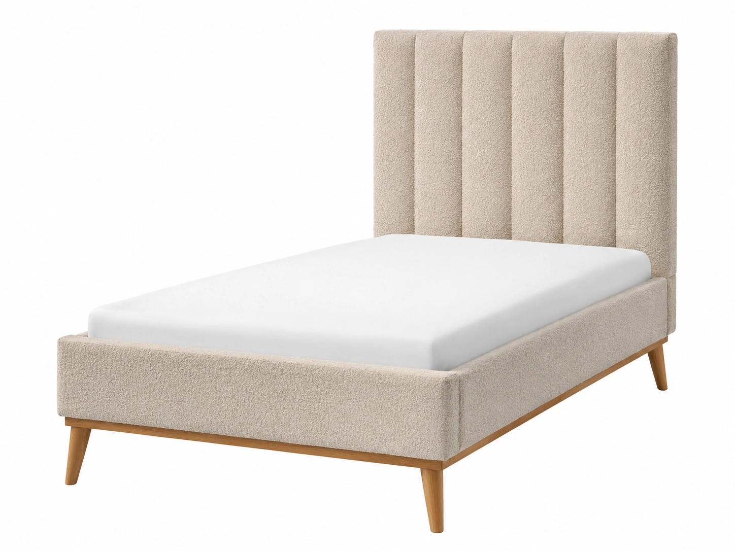 Cama tapizada boucle beige con cabecero vertical y patas de madera natural para dormitorio moderno-meubariox