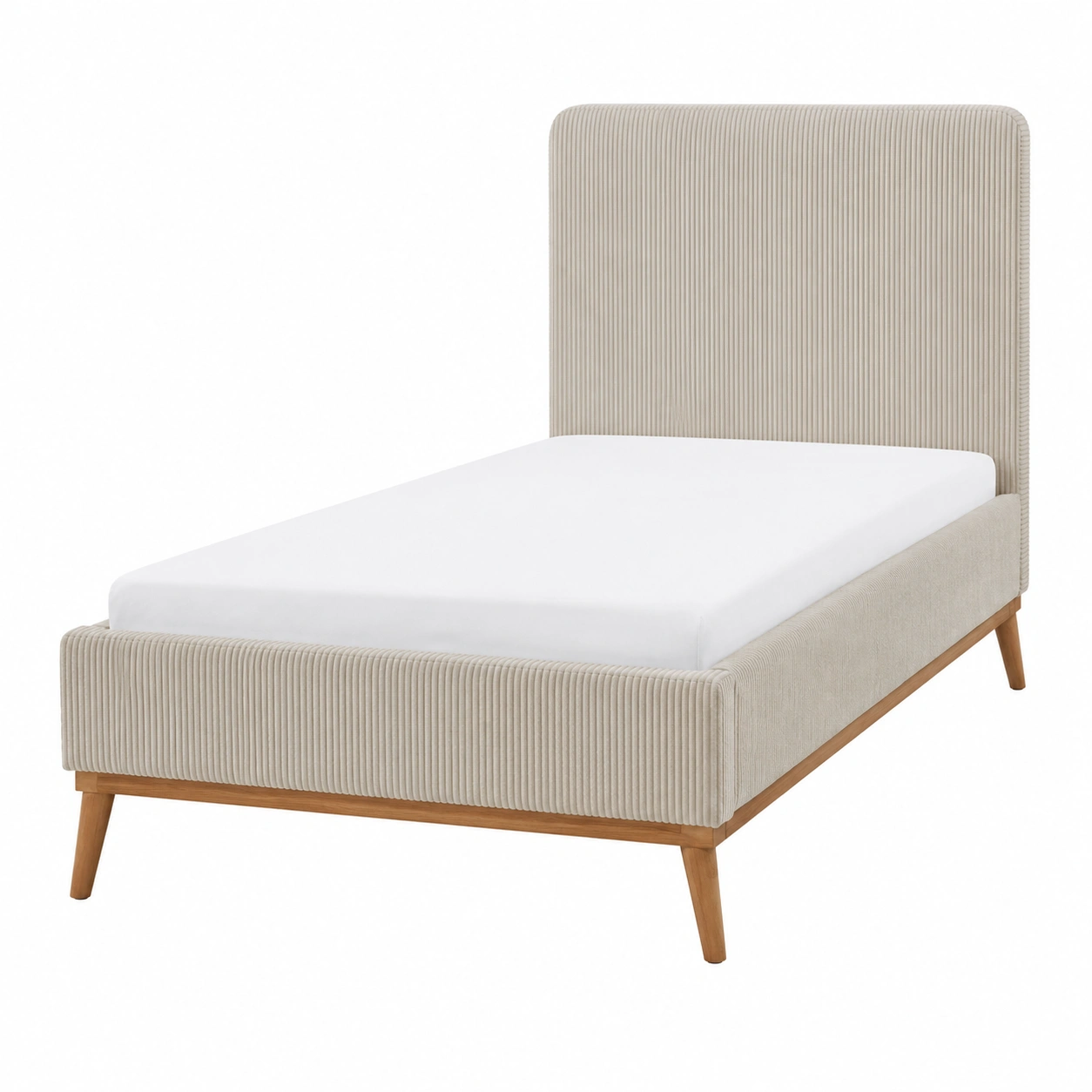 Cama tapizada moderna de pana beige con cabecero alto y patas de madera natural para dormitorio juvenil-meubariox