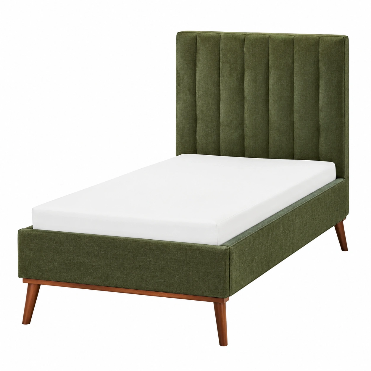 Cama tapizada contemporanea verde oliva con cabecero acolchado vertical y patas oscuras para dormitorio moderno-meubariox