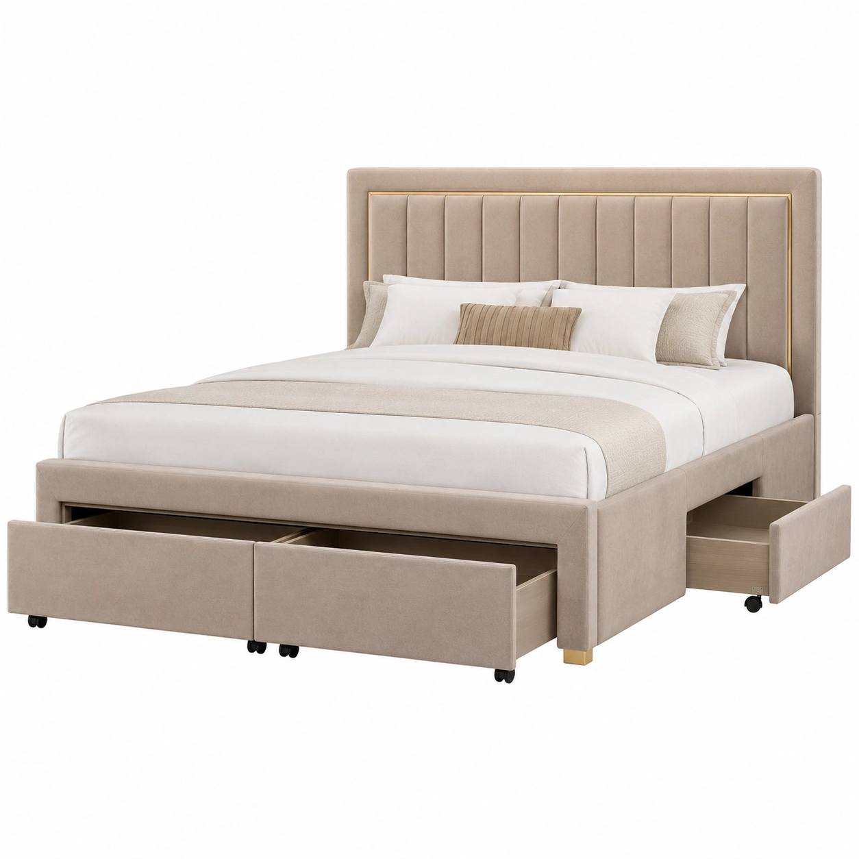 Cama tapizada moderna con cajones de almacenamiento integrados y cabecero acolchado beige para dormitorio matrimonial-meubariox