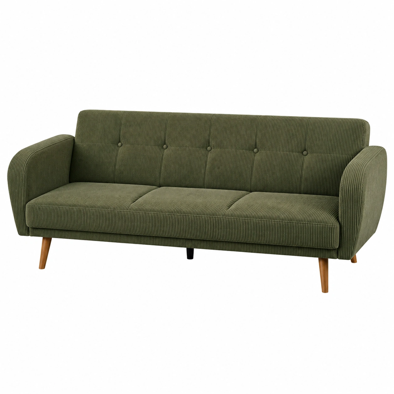 Sofa recto tapizado en pana verde oliva con patas de madera estilo retro escandinavo para salon moderno-meubariox