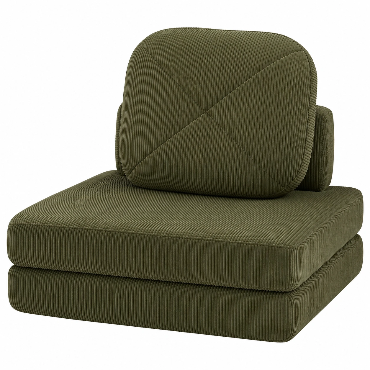 Sillon modular bajo tapizado en pana verde musgo con respaldo acolchado para interiores modernos y relajados-meubariox