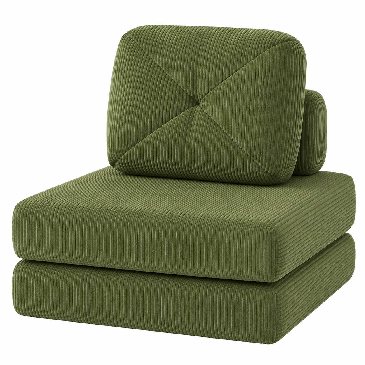 Sillon modular compacto tapizado en pana verde oliva claro con diseño geometrico contemporaneo para salon moderno-meubariox