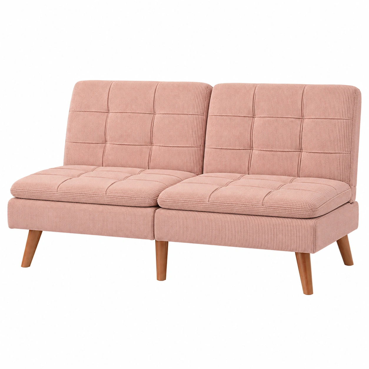 Sofa modular tapizado en pana rosa claro con patas inclinadas de madera para salon moderno-meubariox