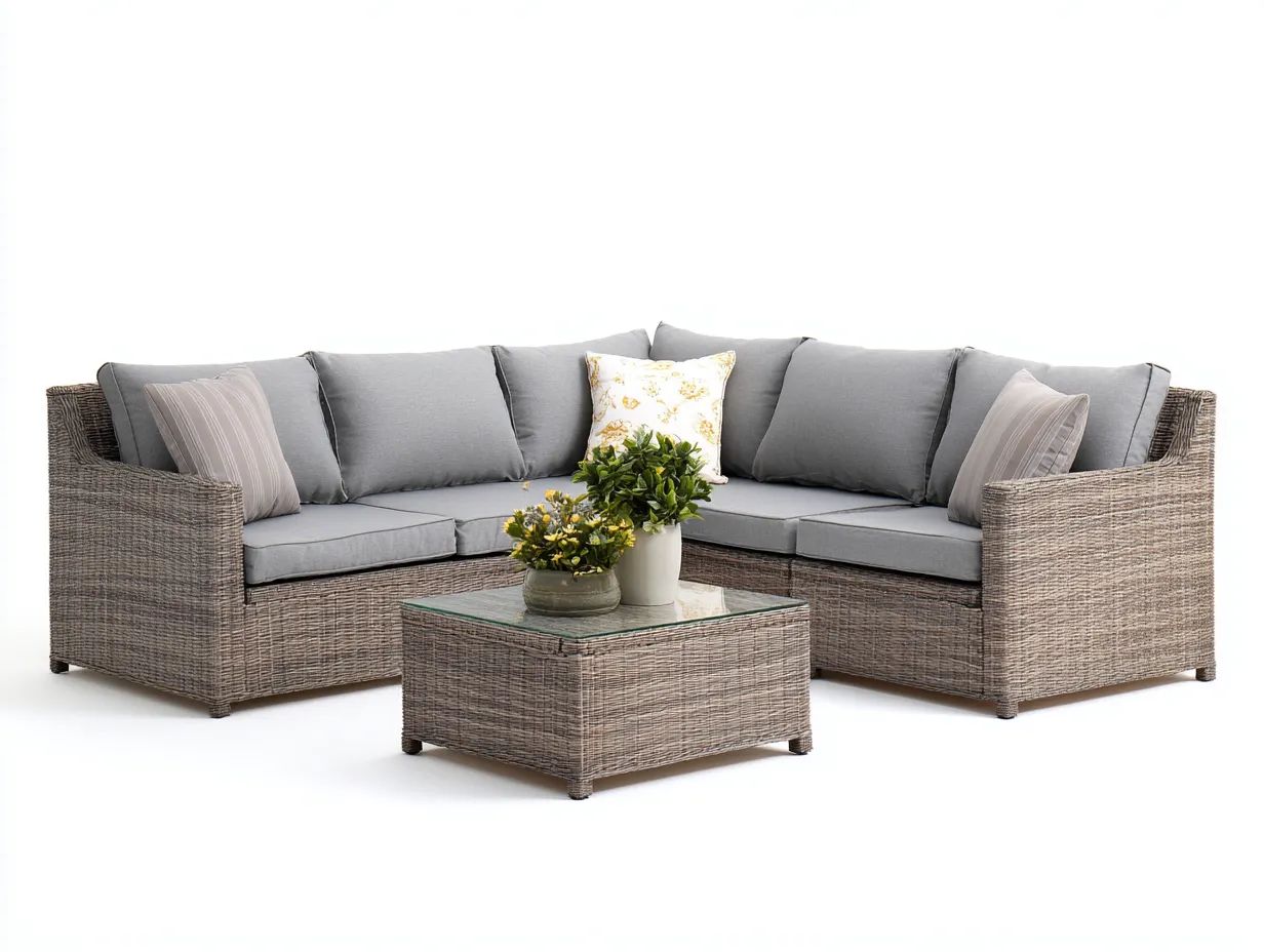 Canapé de jardin-résine tressée-métal-verre-228 x 228 x 79 cm-brun-gris-style contemporain-Bambooupmart