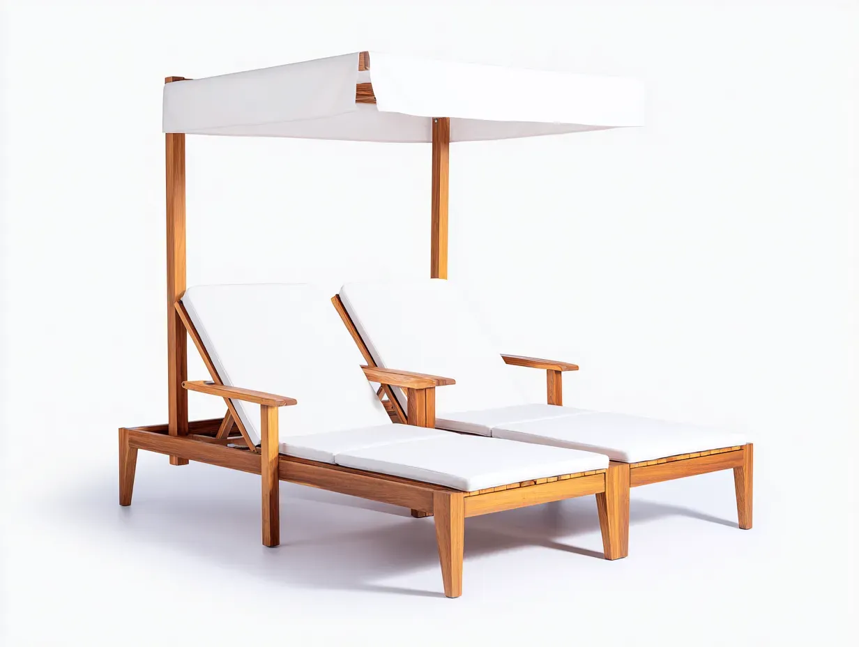 Bains de soleil - bois massif-tissu-198 x 146 x 188 cm - marron-blanc - style moderne épuré-Bambooupmart