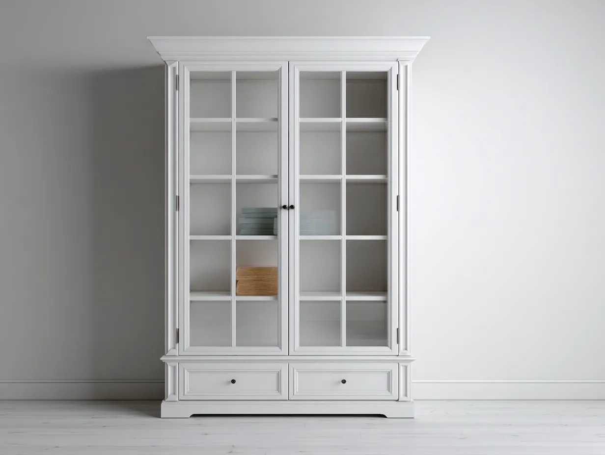 Bibliothèque - bois-verre-MDF - 148x44x218 cm - blanc - style classique-Bambooupmart