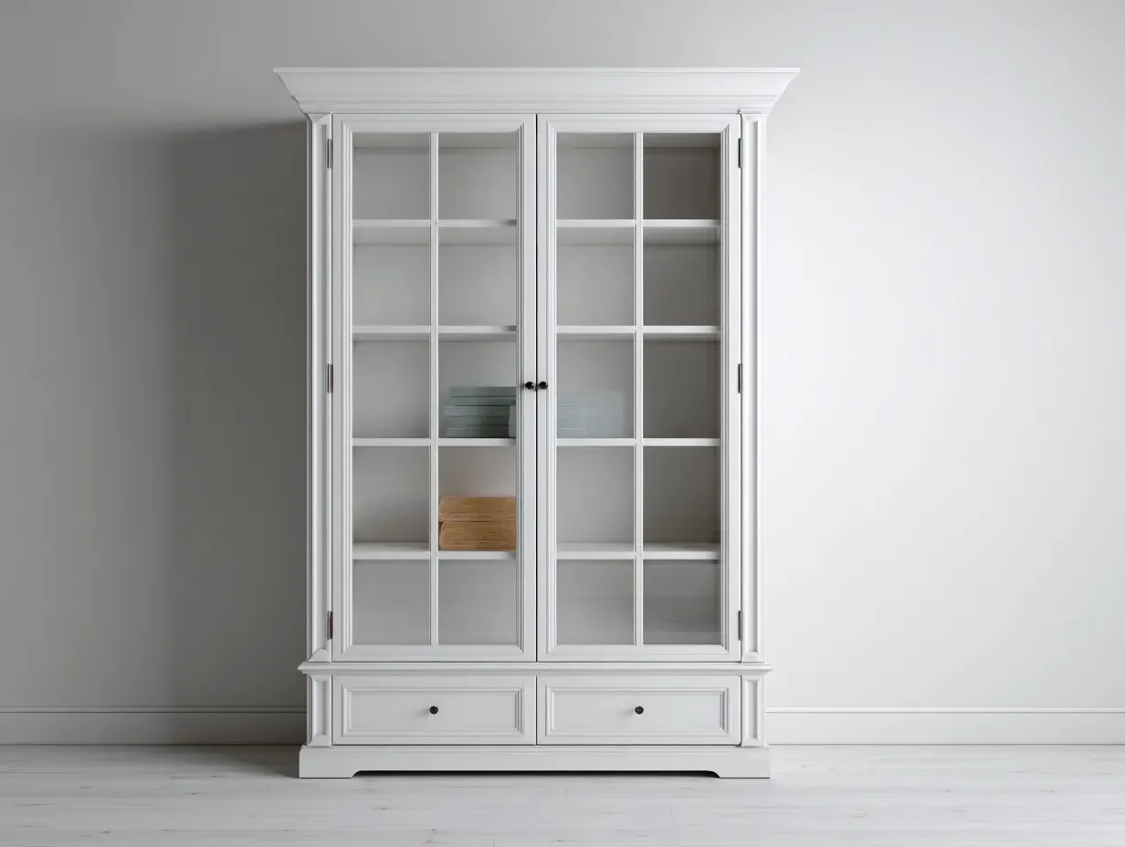 Bibliothèque - bois-verre-MDF - 148x44x218 cm - blanc - style classique-Bambooupmart