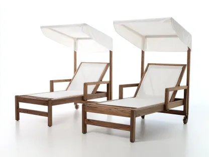 Bains de soleil - bois massif-tissu - 198 x 144 x 186 cm - marron-blanc - style naturel minimaliste-Bambooupmart