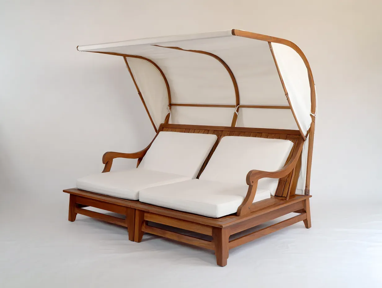 Bains de soleil - bois massif-tissu-200 x 142 x 176 cm - marron-blanc cassé - style naturel contemporain-Bambooupmart