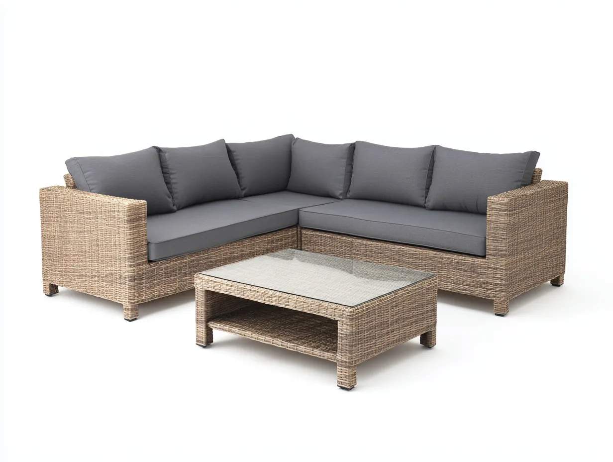Canapé de jardin-résine tressée-métal-verre-230 x 230 x 80 cm-brun-gris-style contemporain-Bambooupmart