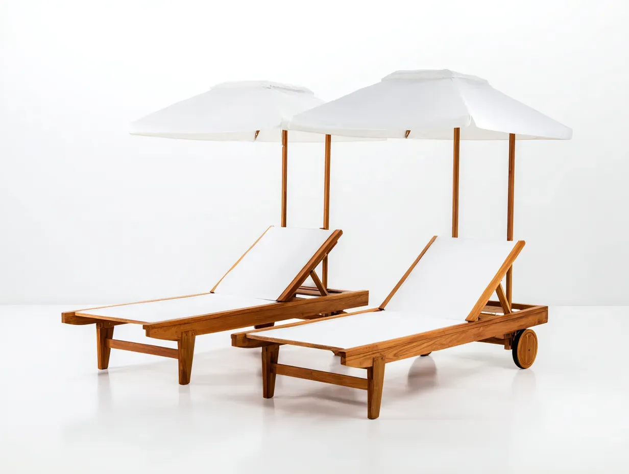 Bains de soleil - bois massif-tissu-202 x 148 x 198 cm - marron-blanc - style bord de piscine contemporain-Bambooupmart