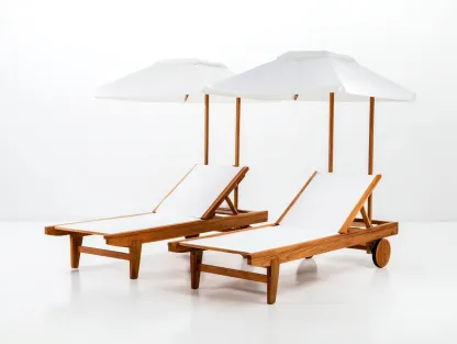 Bains de soleil - bois massif-tissu-202 x 148 x 198 cm - marron-blanc - style bord de piscine contemporain-Bambooupmart