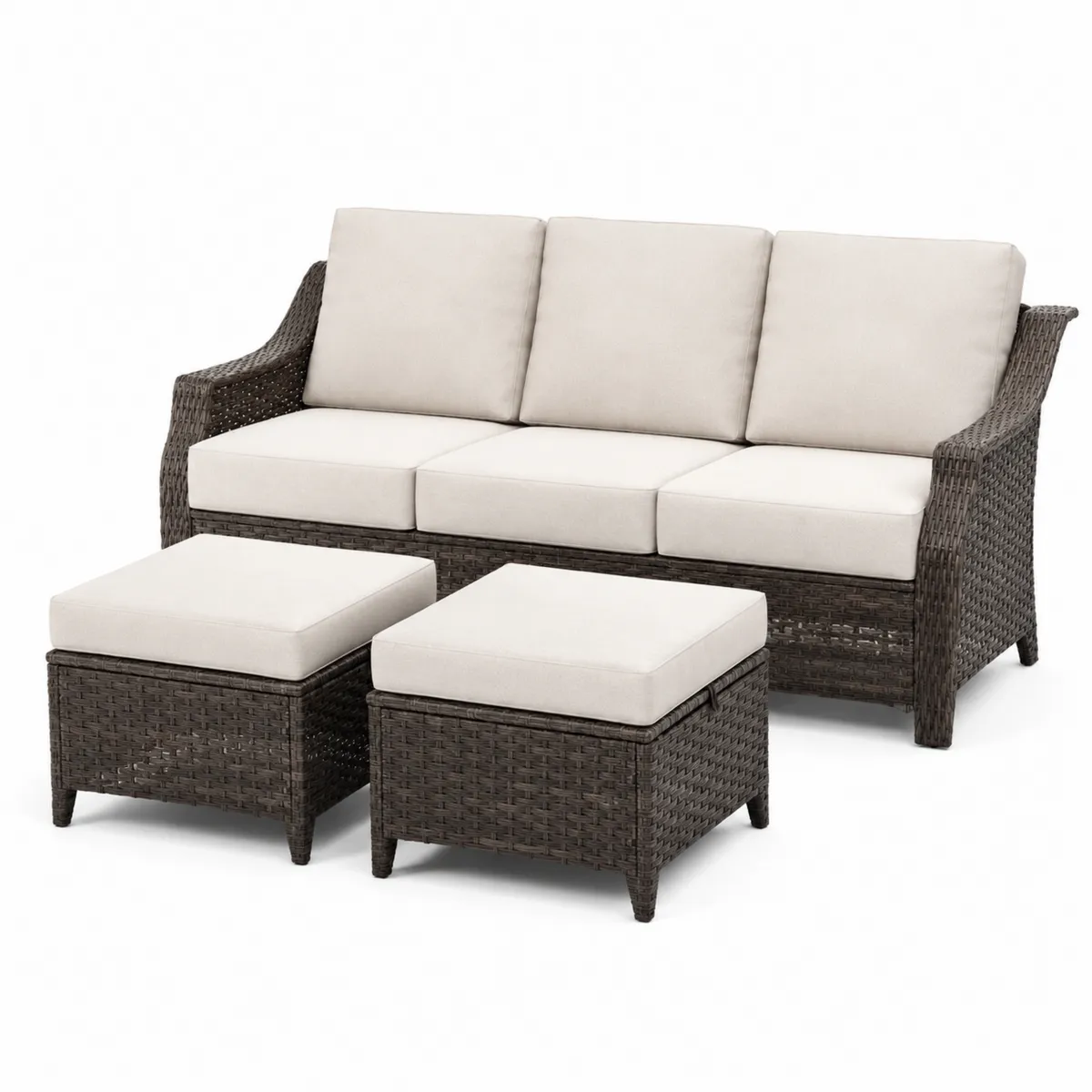 Sofa ogrodowa z technorattanu z poduszkami i 2 pufami