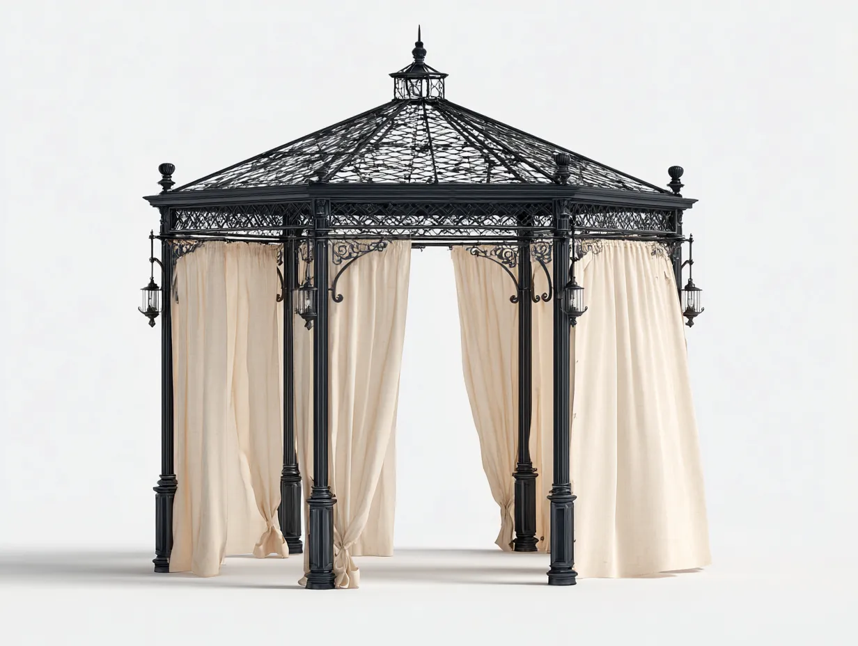 Pavillon-Metall-Polyester-350 x 350 x 305 cm-Beige-Schwarz-Antikes Gartendesign-Jarigahaus