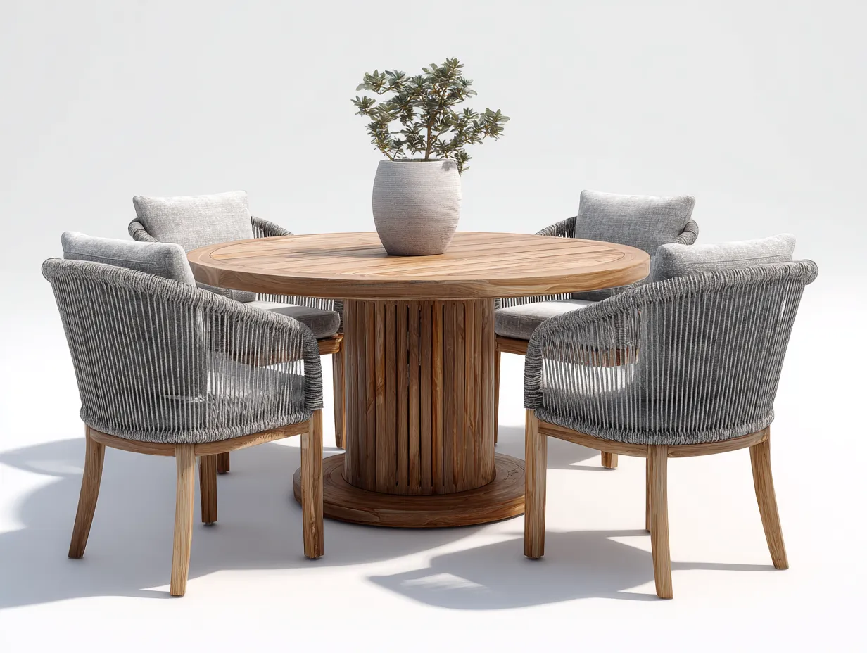 Garten Essgarnituren - Holz-Seil-Stoff - 130x130x75 cm - Grau-Natur - Modernes Design-Jarigahaus