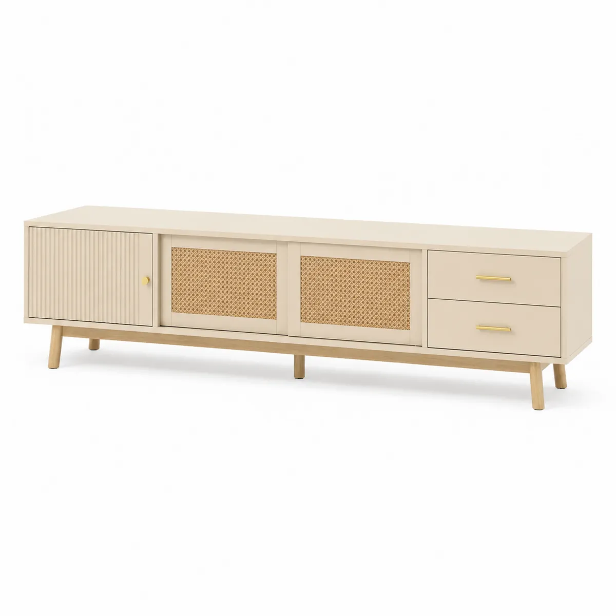 Fernsehschrank mit Schiebetüren und Schubladen aus Spanplatte und Kiefernholz, 180 cm, Beige-Xelvortiqo