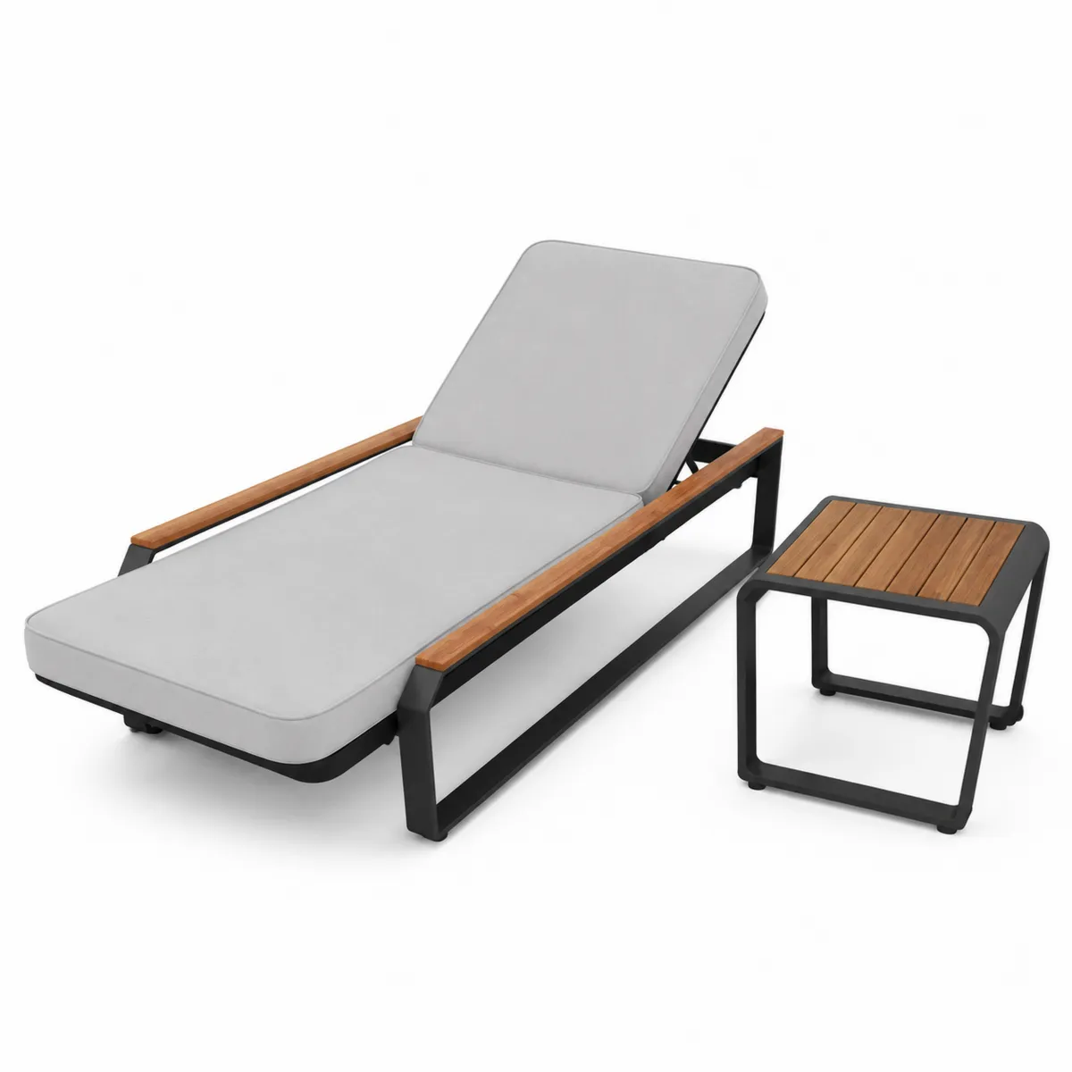 Liegestuhl Set mit Beistelltisch, Aluminium und Teak, Grau-Xelvortiqo