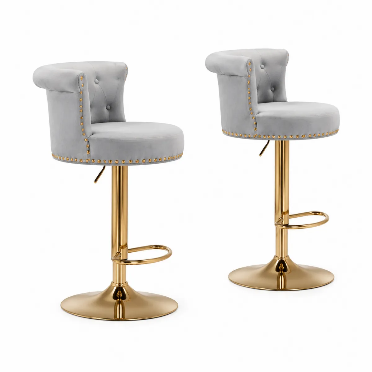 2er Set Barhocker mit Lehne und Samtsitz Grau mit Goldfuß-Xelvortiqo
