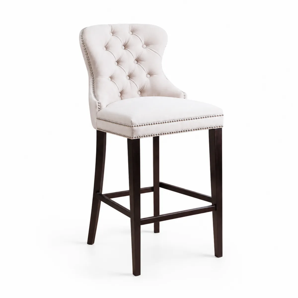 Barhocker mit Samtsitzfläche und Holzgestell, Weiß, 108 cm