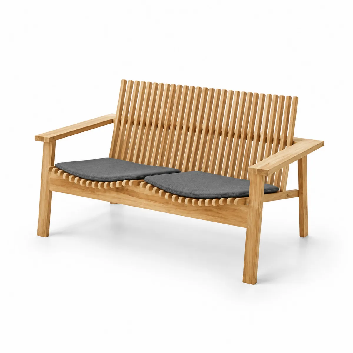 Zweisitziges Eichenholz-Sofa mit grauen Kissen