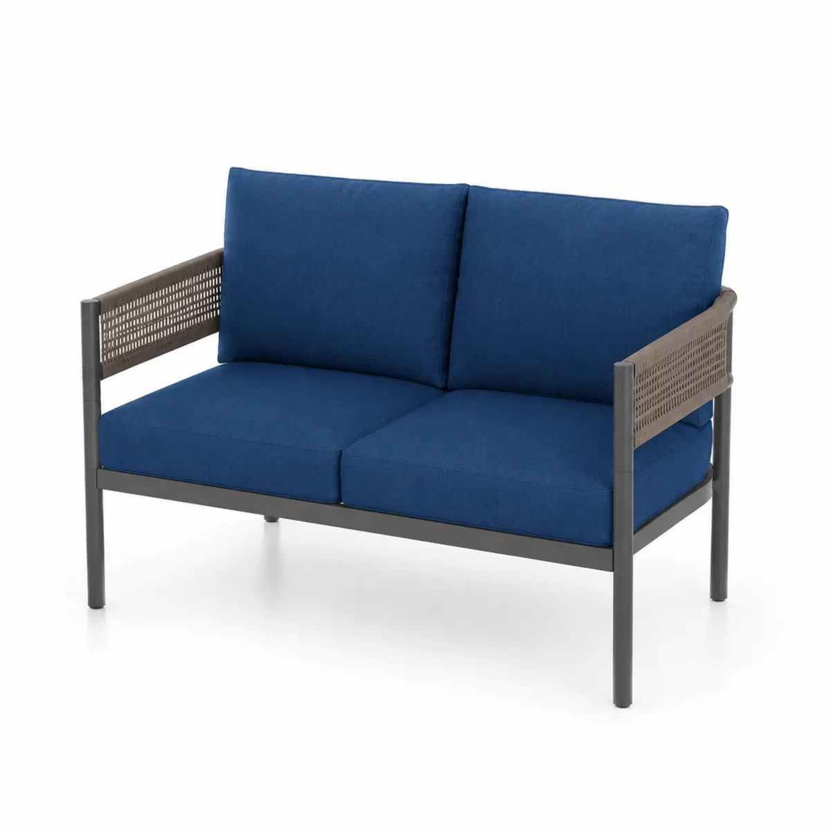 Zweisitzersofa mit Metallrahmen und blauen Polyesterbezügen