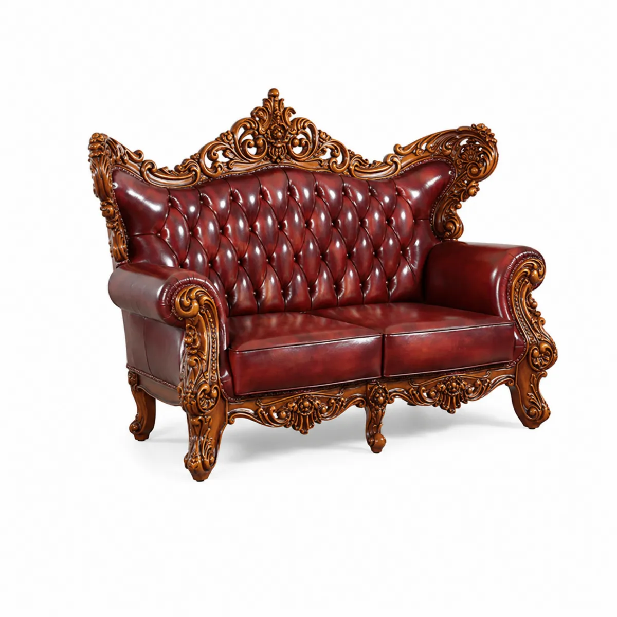Zweisitzer Sofa aus Leder mit Holzverzierungen