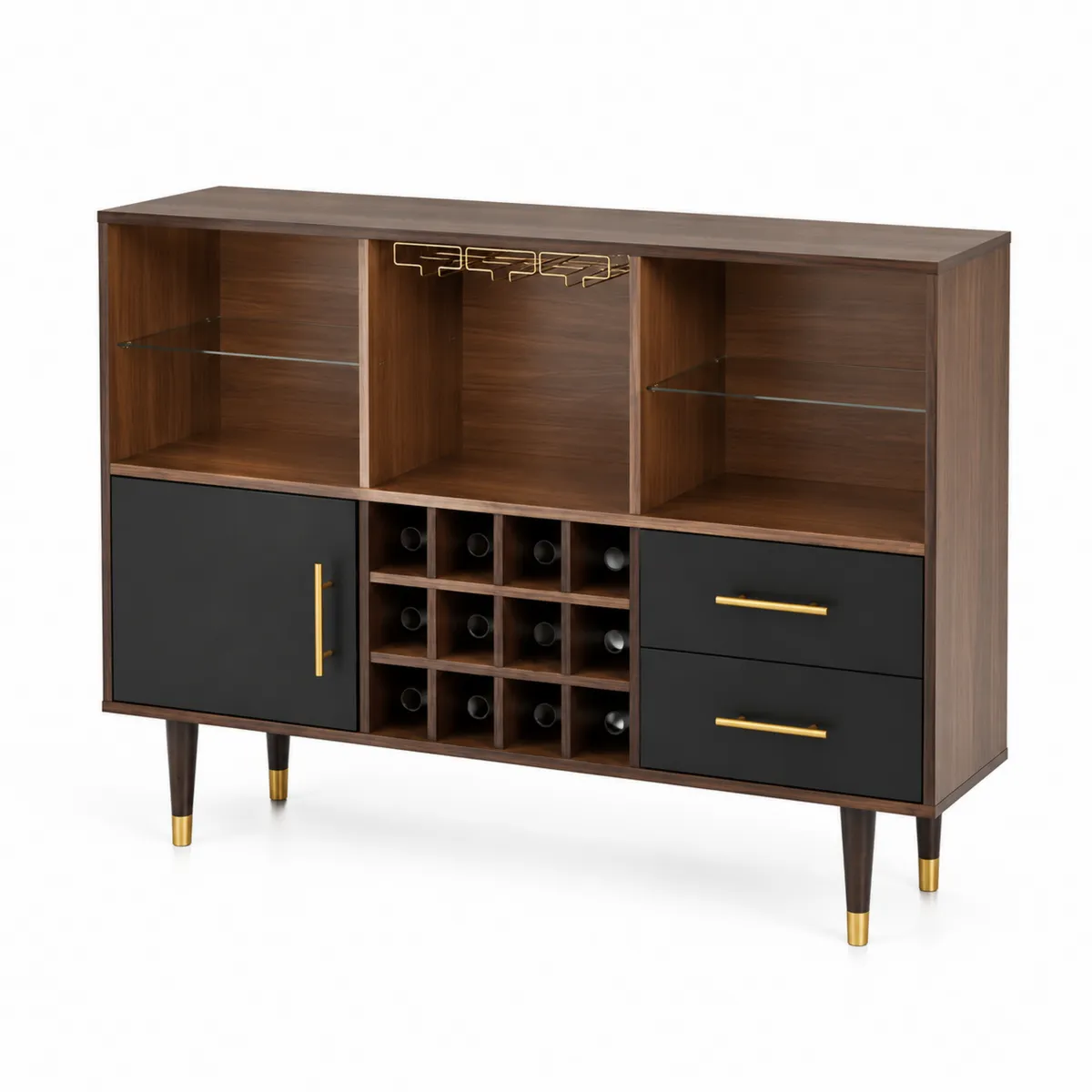 Holz Weinschrank mit Flaschenregal und Glasböden, Schwarz/Braun
