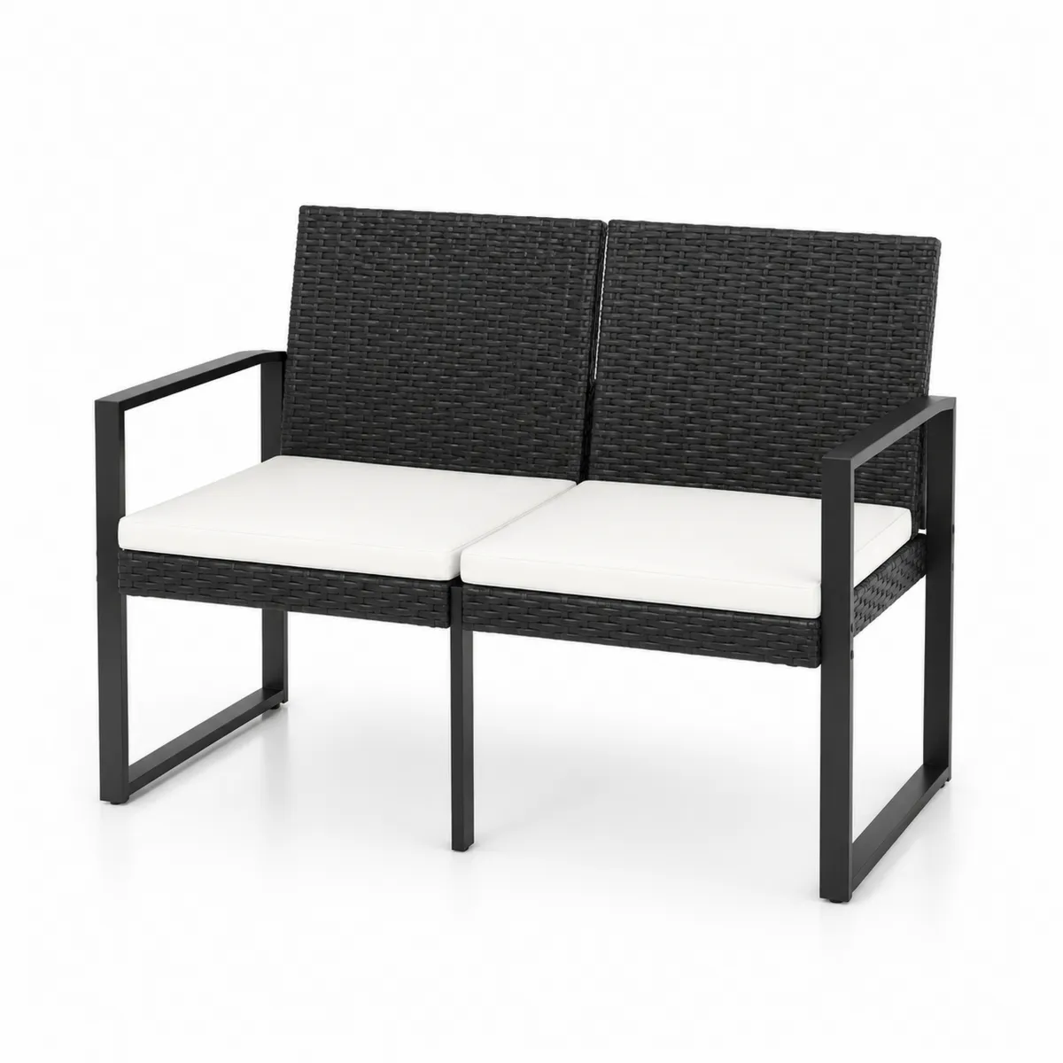 Gartenbank 2-Sitzer Polyethylen-Rattan Schwarz mit weißen Kissen Stahlrahmen