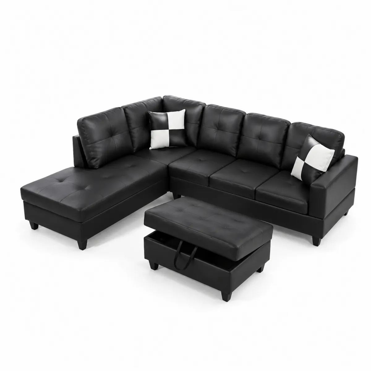 Ecksofa-Set Kunstleder Schwarz mit Stauraum