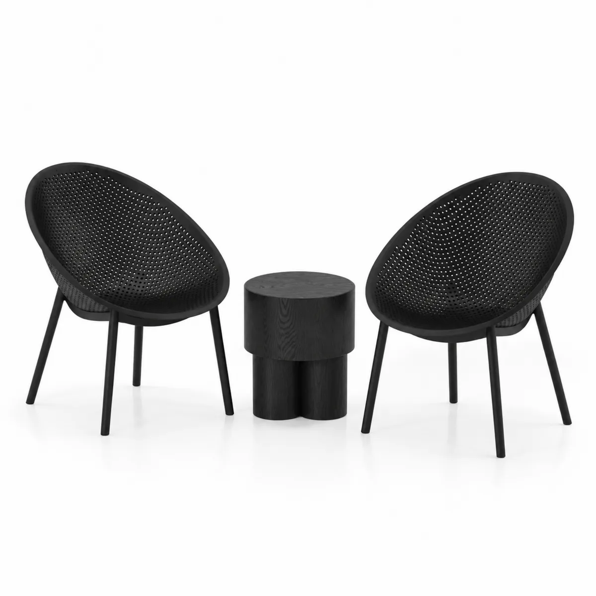 Schwarzes Gartenmöbel-Set aus Kunststoff und Holz, 2 Stühle und 1 Tisch