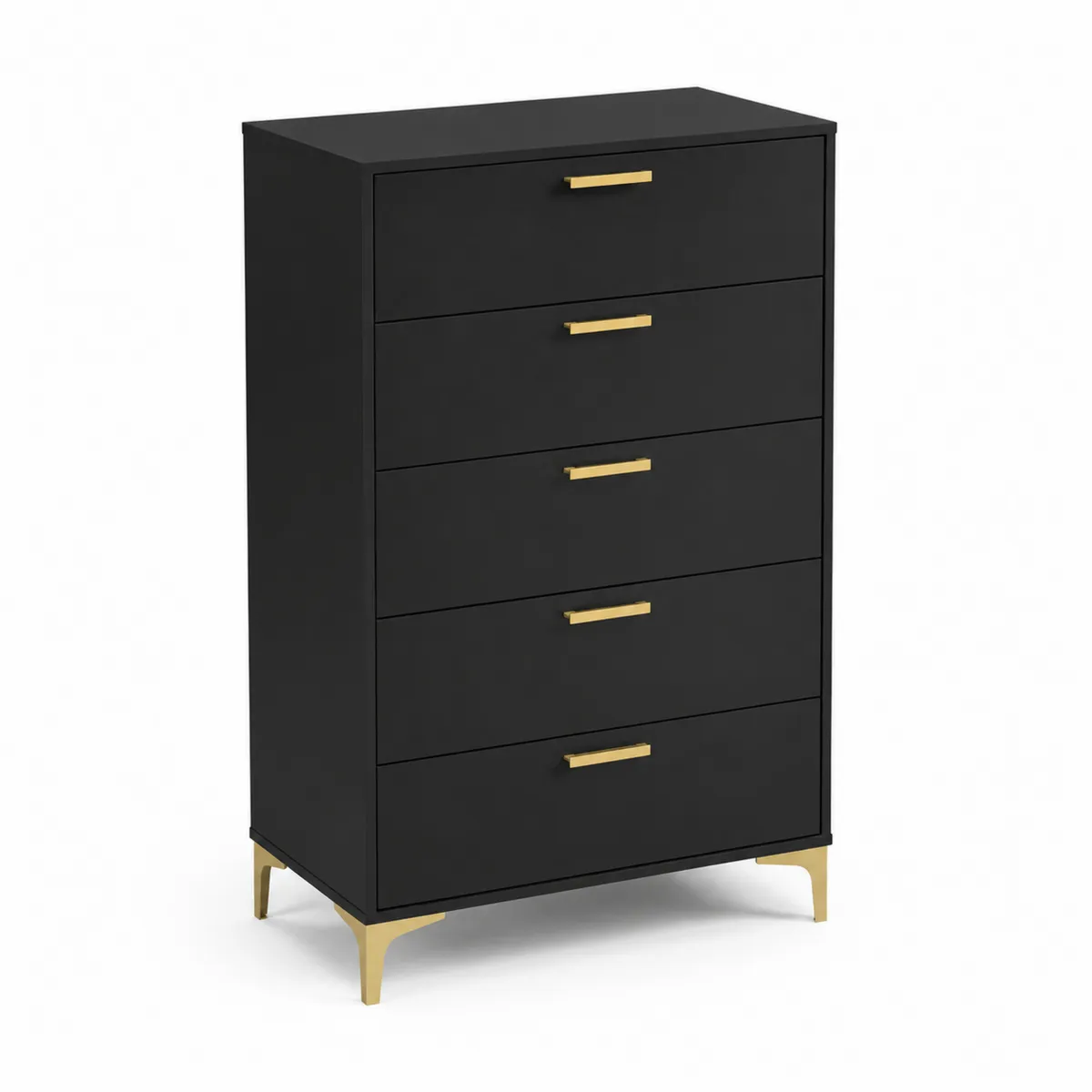 Kommode aus MDF mit 5 Schubladen und Metallbeinen in Schwarz und Gold