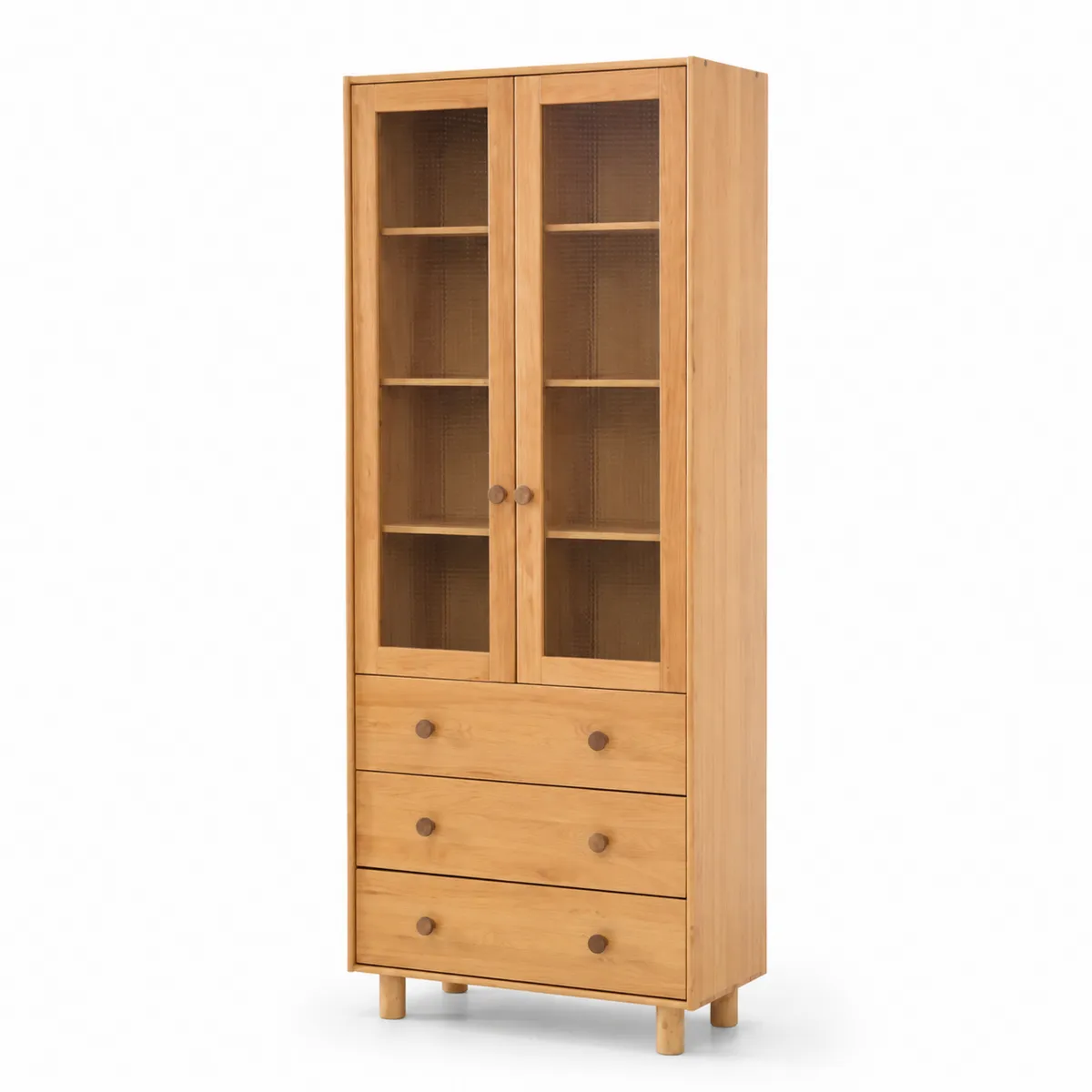 Bücherregal aus Kiefernholz mit Glastüren und Schubladen