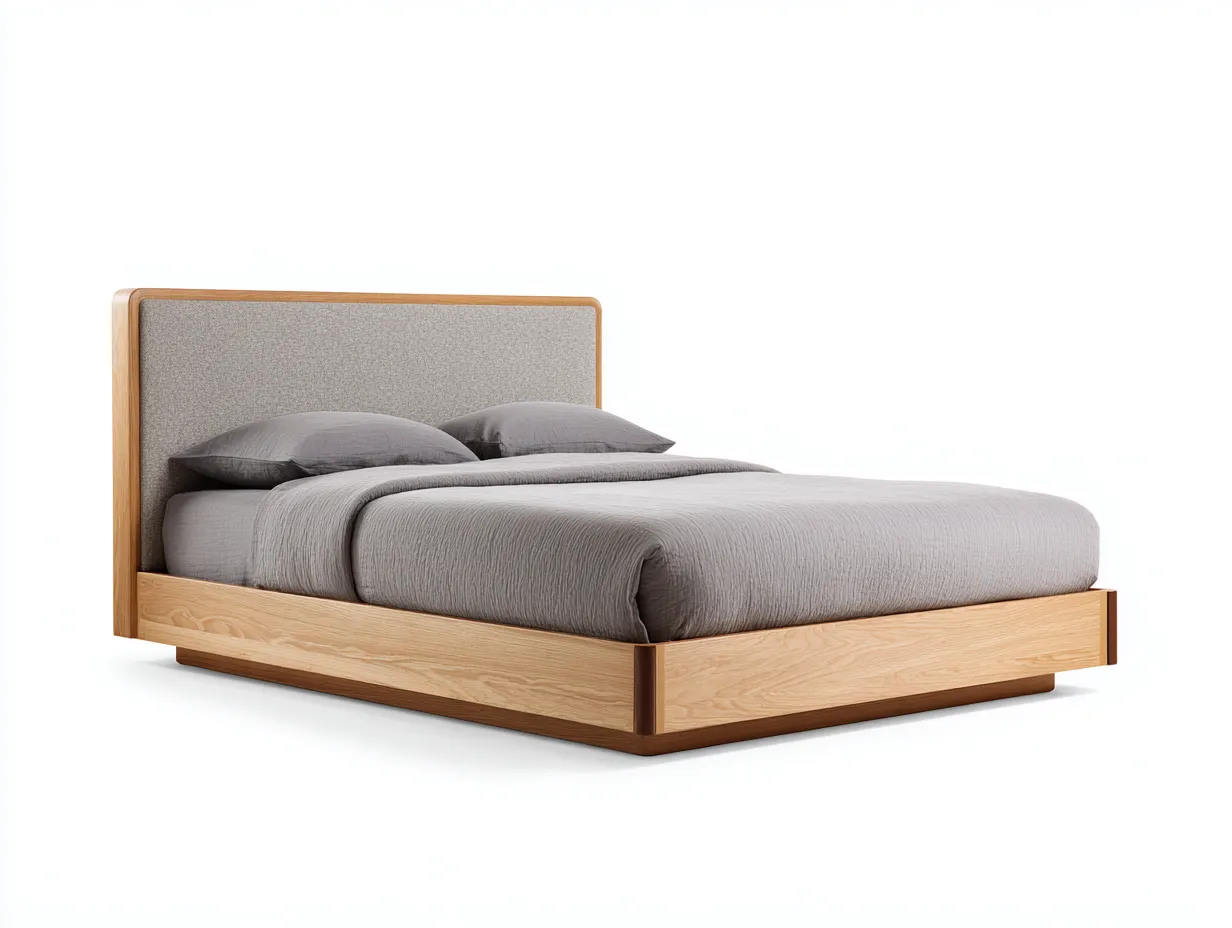 Doppelbett 214x168x108 cm - Holzoptik Natur und Grau - für das Schlafzimmer - gepolstertes Paneelkopfteil-Cozymyio