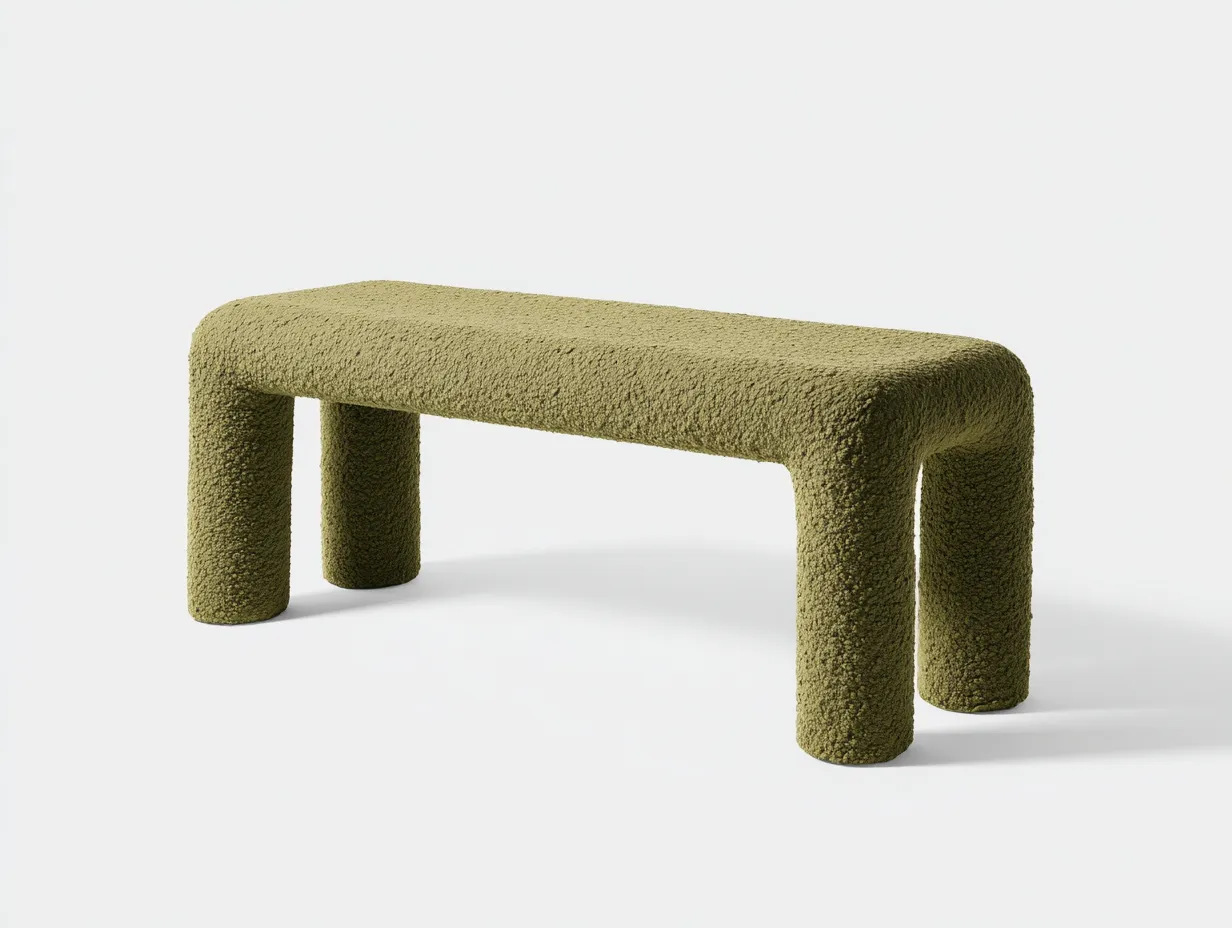 Bank aus moosgrünem Bouclé 160x44x45 cm - moderne Schlafzimmerbank mit vier Rundstützen-Cozymyio