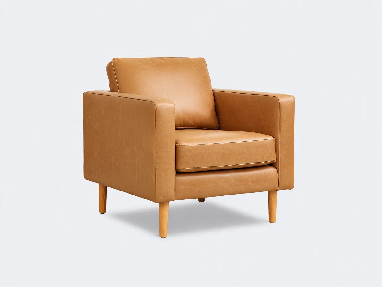 Sessel Kunstleder 87x83x81 cm - Karamellbraun und Holzfarben - Wohnzimmer-Sessel mit klarer Blockform-Cozymyio
