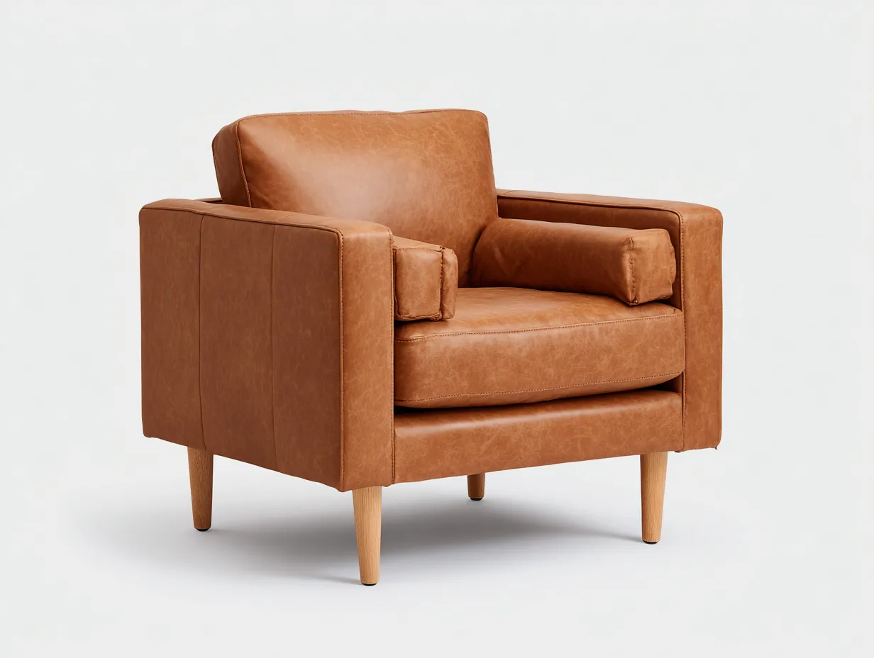 Sessel Kunstleder 92x86x83 cm - Bernsteinbraun und Naturholz - Wohnzimmer-Sessel mit breiten Armlehnen-Cozymyio