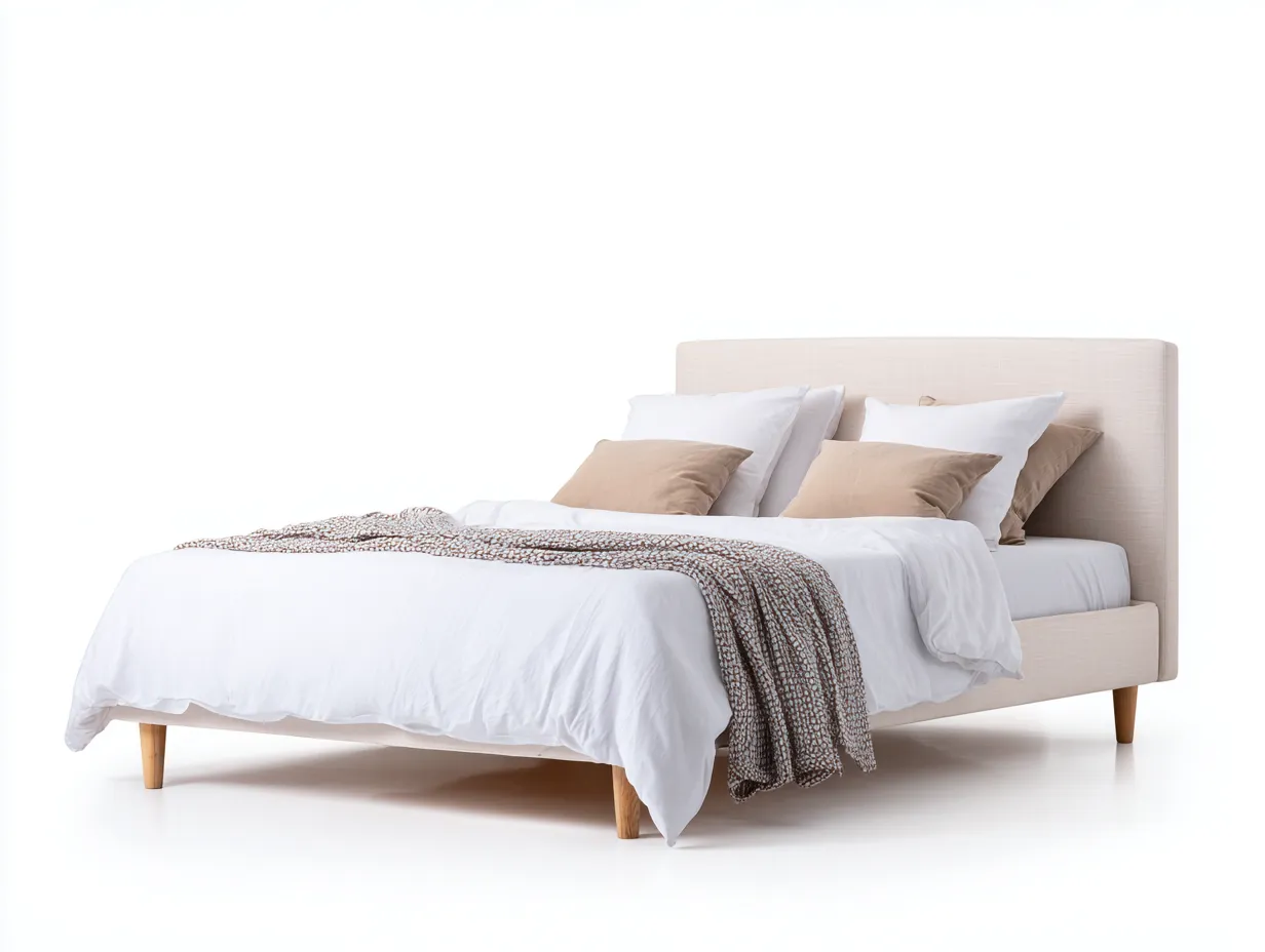 Doppelbett 214x168x105 cm - Stoffbezug Creme - für das Schlafzimmer - geradliniges Polsterdesign-Cozymyio