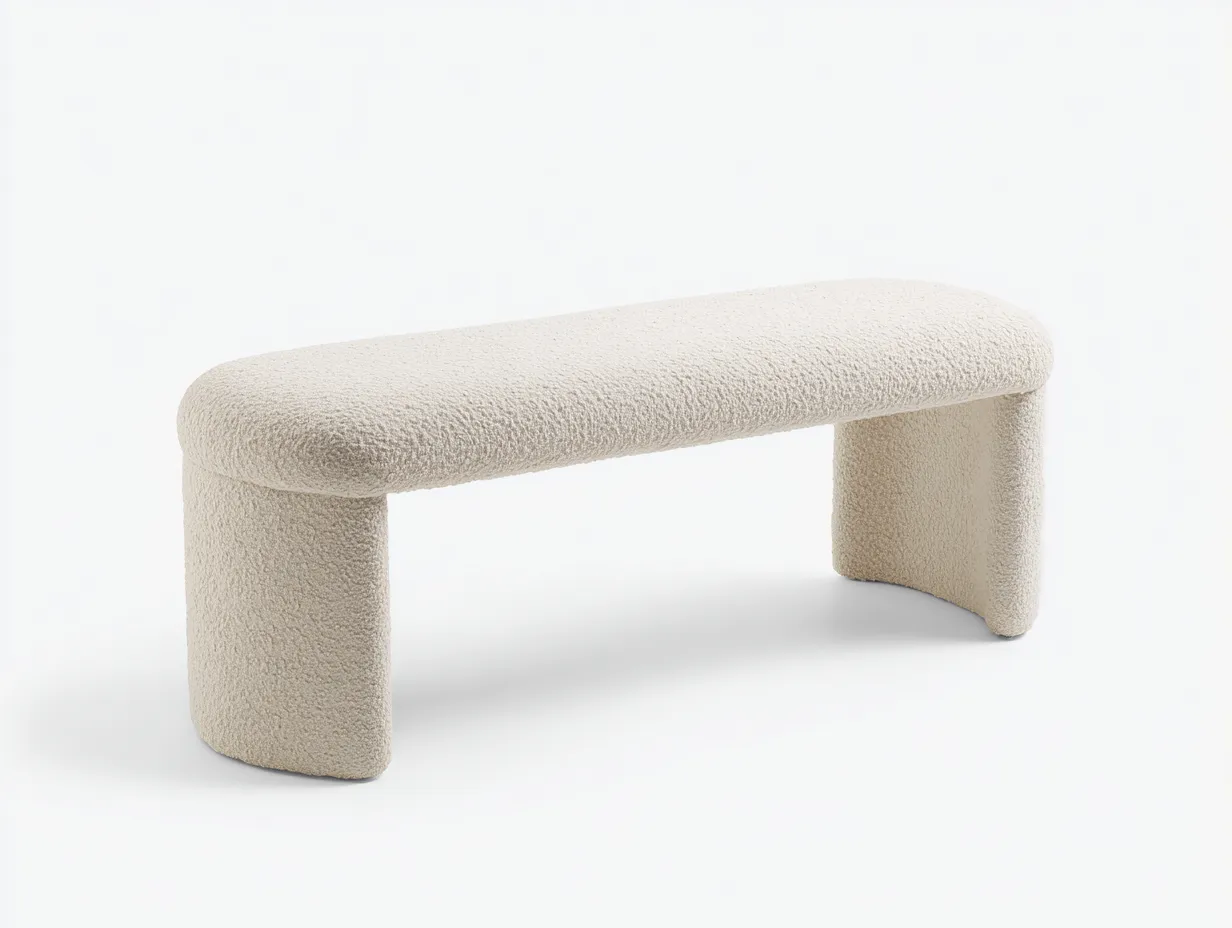 Bank aus elfenbeinfarbenem Bouclé 166x43x46 cm - lange Polsterbank mit sanften Rundkanten-Cozymyio