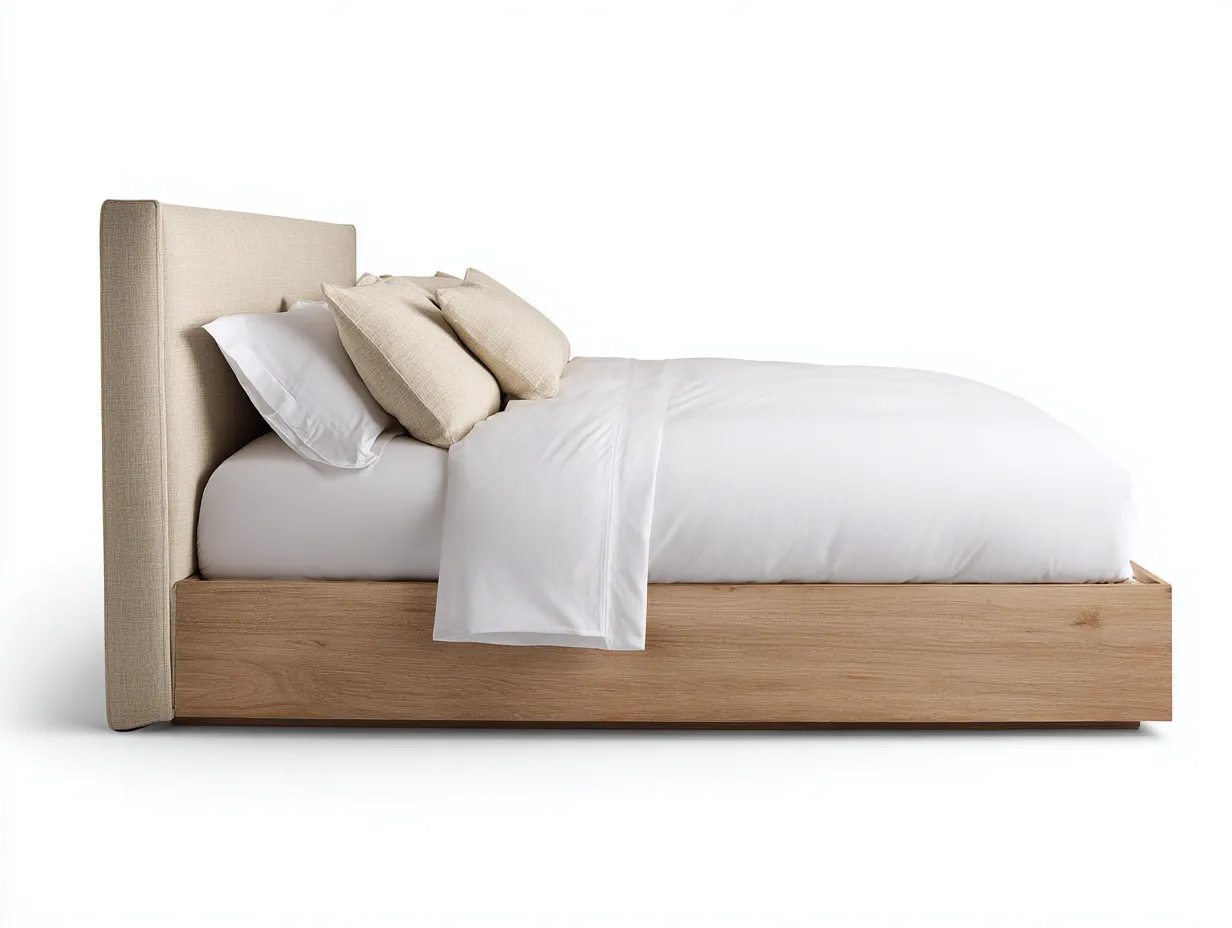 Doppelbett 208x168x112 cm - Stoffkopfteil Beige - Holzoptik - für das Schlafzimmer-Cozymyio