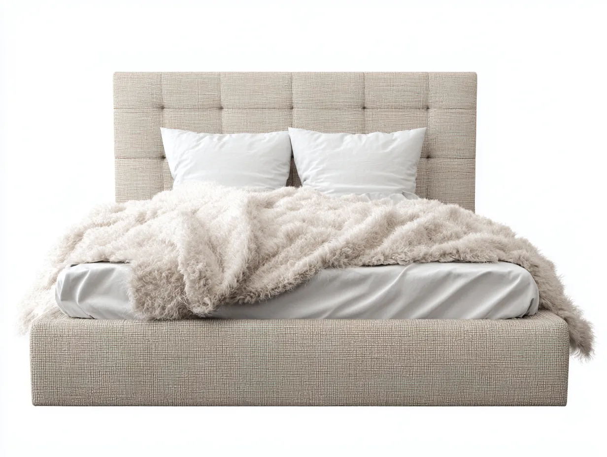Doppelbett 211x169x118 cm - Stoffbezug Beige - für das Schlafzimmer - gepolstertes Kopfteil mit Steppung-Cozymyio